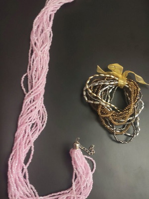Beaded necklace and bracelets like new, brown and pink set