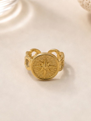 Compass statement ring new, gold stainless steel