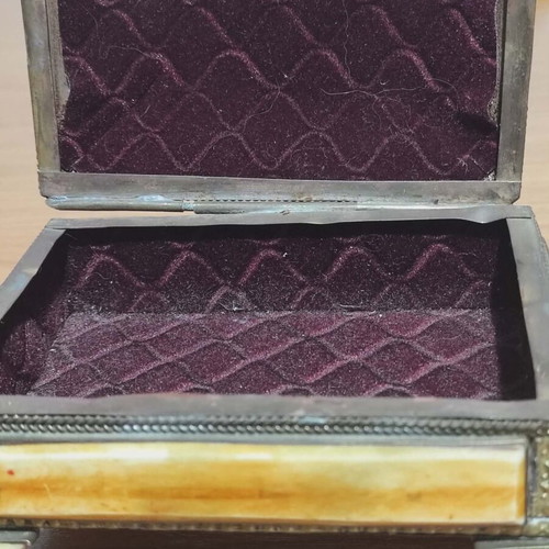 Moroccan jewelry box used with bone inlays and velvet interior