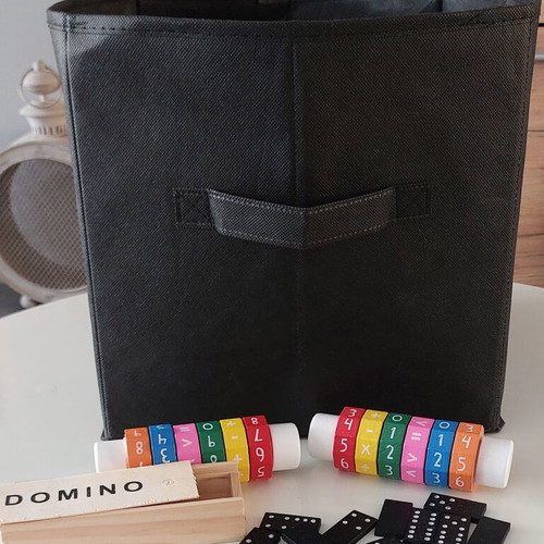Black Fabric Storage Box 30x30x30 cm with Educational Toys and Wooden Domino like new