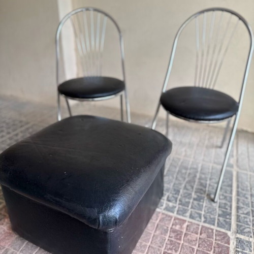 Set of 2 Metal Chairs and Leatherette Ottoman used