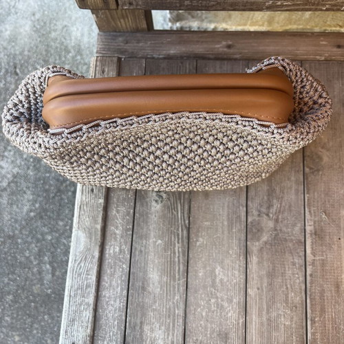 Handmade knitted clutch bag like new, beige with brown clasp