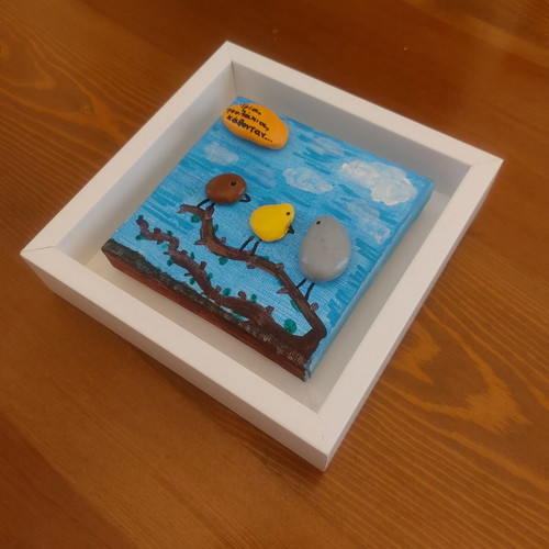 Handmade framed artwork Three Little Birds with pebble relief