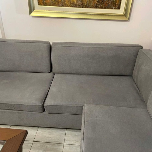 Handmade corner sofa cherry wood 2.35x1.70 like new, gray fabric