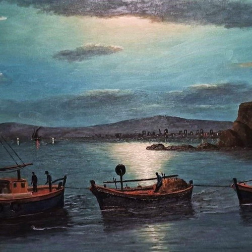 M. Katsigeris Night Fishing Boat on Canvas with Frame new