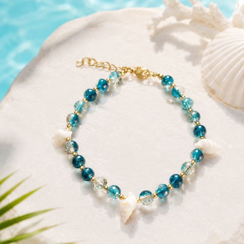 Handmade Ocean Waters Summer Bracelet with Crystal Beads and Natural Shells