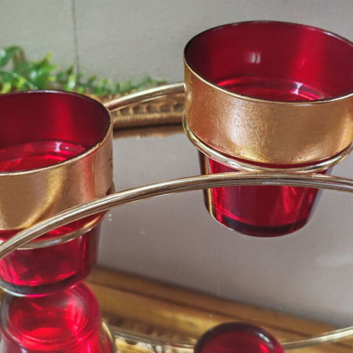 Vintage Carousel candle holder for 3 tealight candles, ruby glass and gold