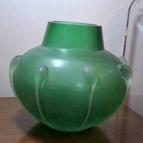 Art vase used, heavy, sand-blasted with appliqued detail
