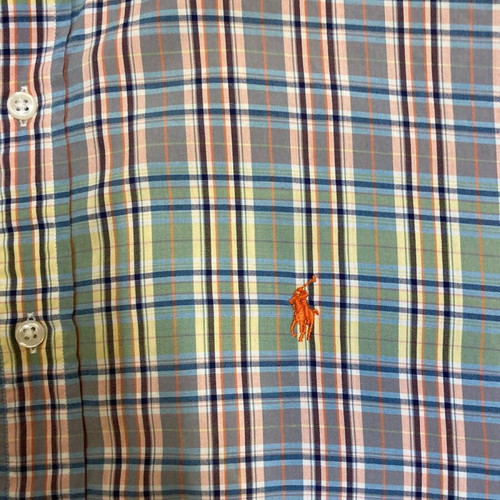 Ralph Lauren Fun Oxford Shirt L, blue yellow green plaid, orange pony
