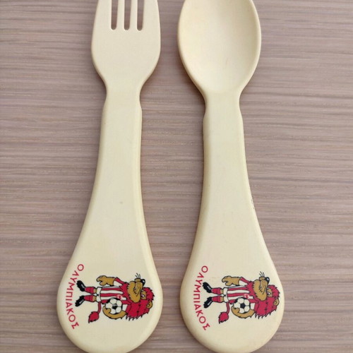 Thrileon baby spoon and fork with Olympiakos mascot, lightly used