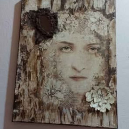 Handmade canvas in beige brown shades new with 3d flowers