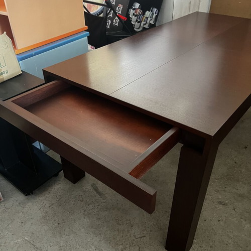 Solid oak dining set with six chairs, drawer and extension