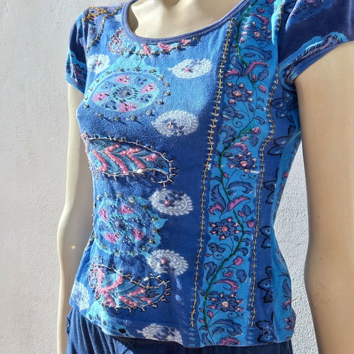 Embroidered cotton blouse used, blue, size M