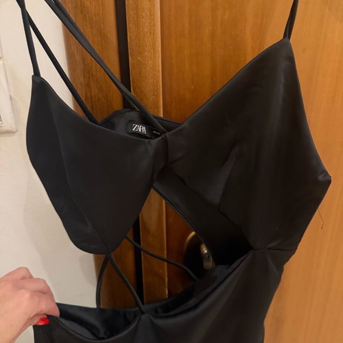 Satin dress Zara XS like new, black with cut out and slit