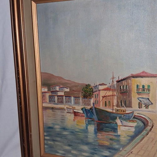 Yiannis Douridis Signed Oil Painting Seascape Greek Harbor