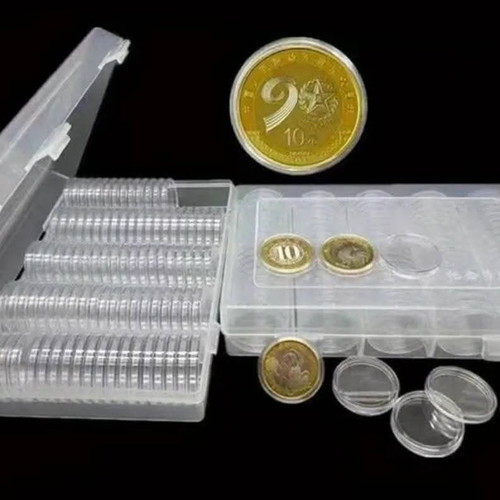 Plexiglas coin case with 100 capsules new, unopened