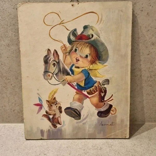 Vintage 1960s Children's Wall Plate with Cowboy Illustration Signed Vernet