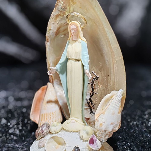 Handmade Virgin Mary statue with natural seashells