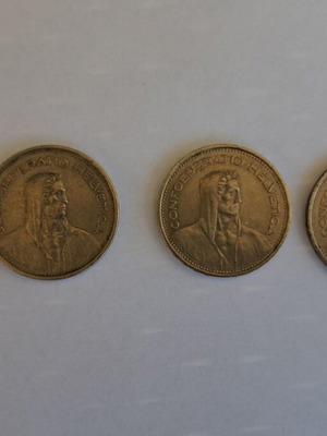 Set of 3 Swiss 5 Franc coins 1968, 1980, 1981 (Classic Swiss Shepherd)