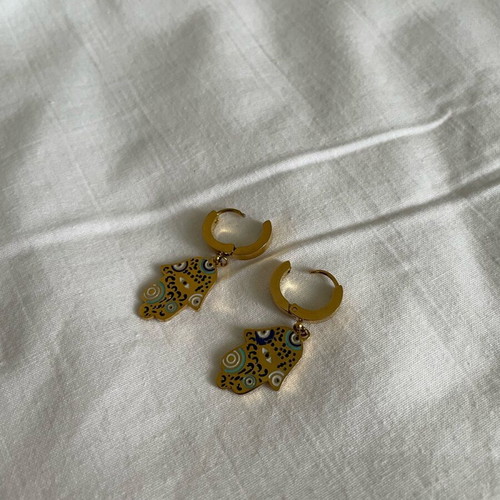 Gold earrings with Fatima hand design and black, blue, white details, new