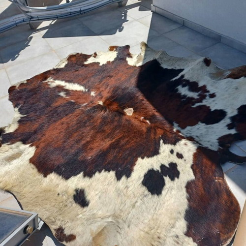 Cowhide rug used, cleaned, 2.20x2 m, natural brown-white pattern