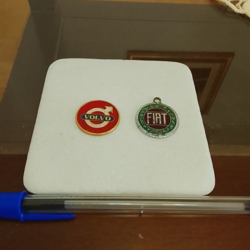 Vintage metal car badges with enamel Volvo and Fiat, used, set of 2