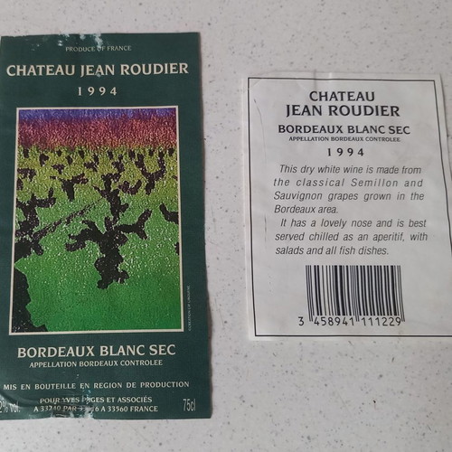 Chateau Jean Roudier Bordeaux Blanc Sec 1994 labels used