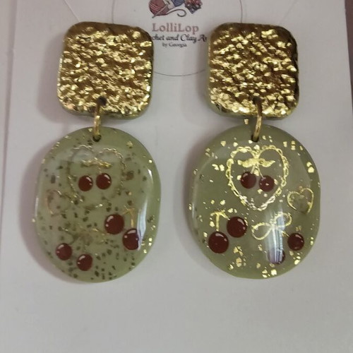 Handmade Vintage Cherry Earrings with Polymer Clay and Gold Leaf