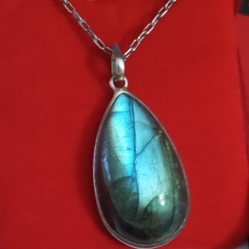 925 Silver Labradorite Necklace used, teardrop pendant 4.5x2cm, 48cm chain