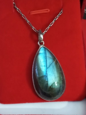 925 Silver Labradorite Necklace used, teardrop pendant 4.5x2cm, 48cm chain