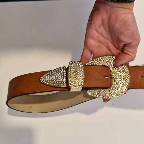 Leather belt with strass like new, brown and gold, 100 cm