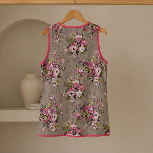 Sleeveless women's blouse XL new, cotton, beige with pink floral design