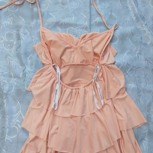Blackwoman pink soft blouse with halterneck ties, like new, size S-M