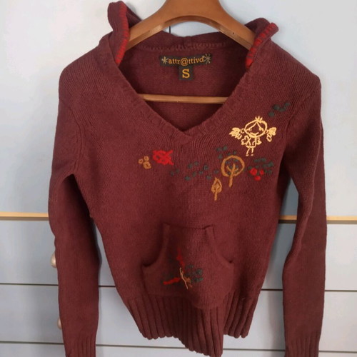 Attrattivo wool women's sweater Small used, multicolor with hood and fabric bag