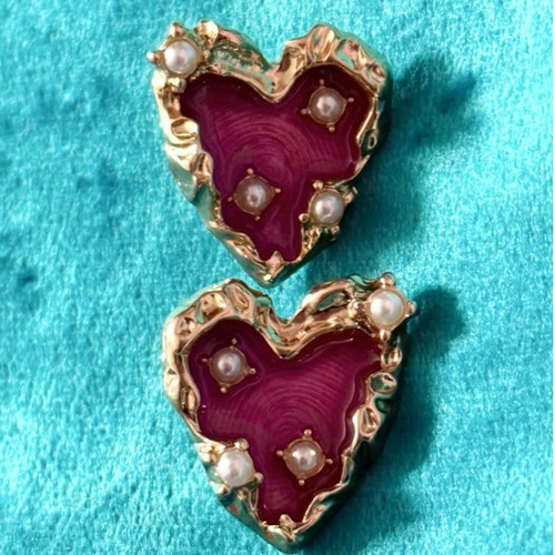Heart earrings with pearls, like new, pink and gold tone