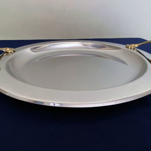 Crystal nut bowl 5 sections like new with Inox 18/10 tray and 24K handles