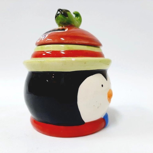 Vintage Glazed Ceramic Mug with Lid Hand Painted Penguin Design
