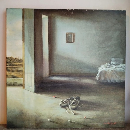 Collectible oil print by Angelos Rasis titled "The Room" like new