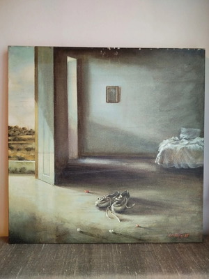 Collectible oil print by Angelos Rasis titled "The Room" like new