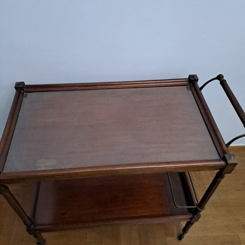 Vintage wooden serving trolley used with glass top and brass handle