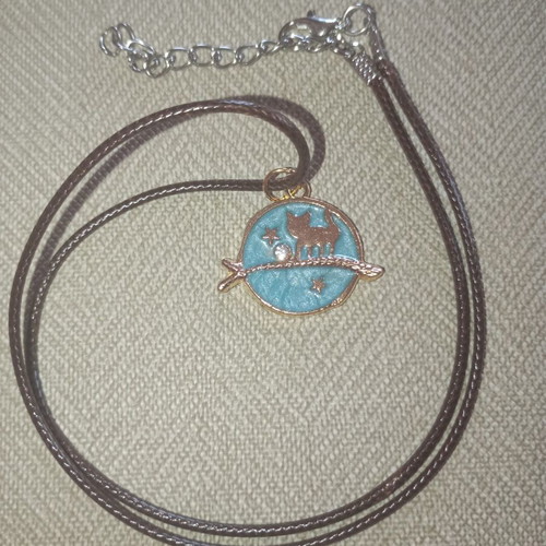 Metal pendant with cat new, turquoise and gold color