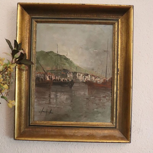 Stamatina Marnezou Seascape Painting with Boats signed, like new
