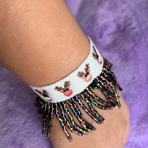 Christmas bracelet handmade, new with reindeers and beaded fringe