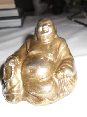 Buddha brass paperweight like new in Chinese fabric box