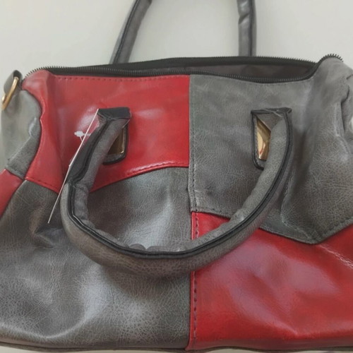 Two-tone gray-red handbag new with shoulder strap