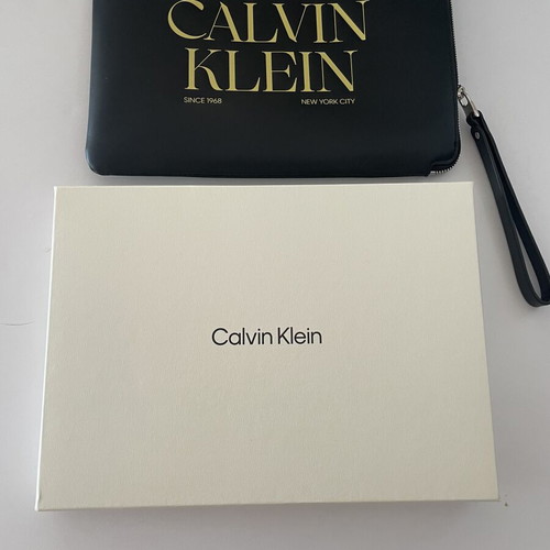 Calvin Klein graphic wristlet pouch, black and yellow