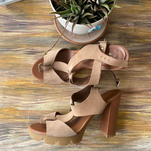 Mourtzi sandals like new, beige and brown, size 39, 10 cm heel