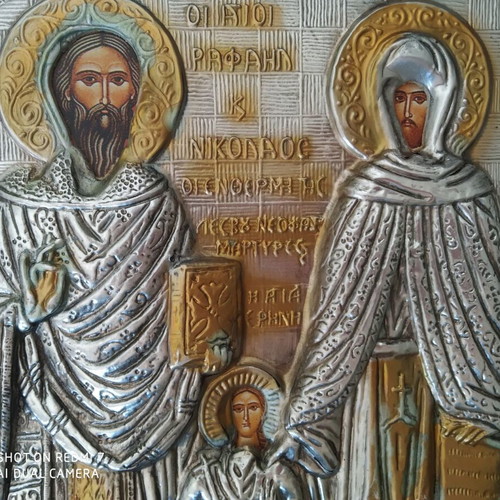 Icon of St. Raphael and Nicholas and St. Irene like new, metal and wood