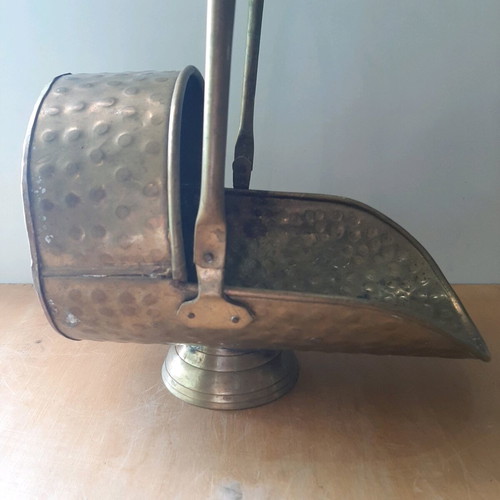 Copper coal scuttle used, hammered helmet style