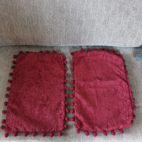 Decorative pillow covers set of 2 new, burgundy with pom poms